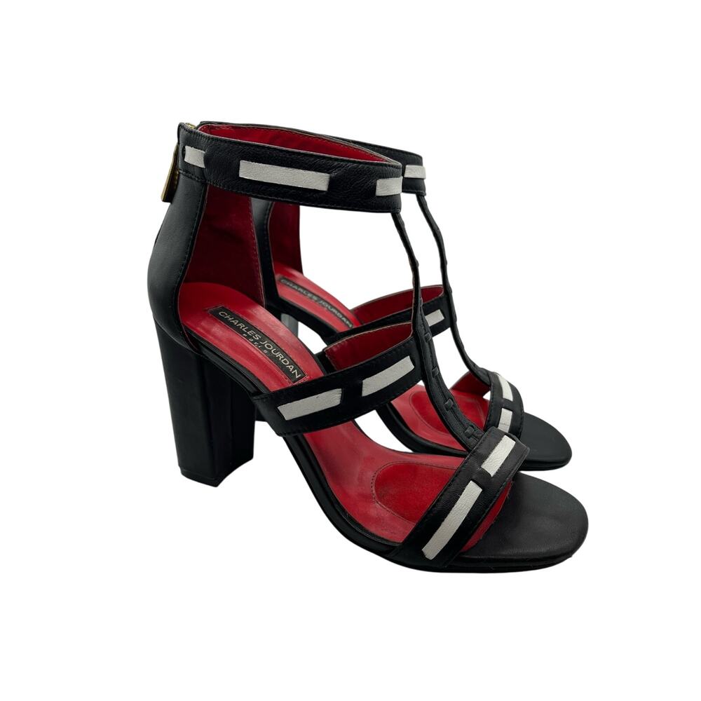 Charles Jourdan Paris Black White & Red Leather Strappy Sandal Heels Women's 7 - Picture 2 of 14